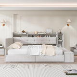 Twin Size Upholstered Daybed with Storage Footstool, LED Light & USB Charging, Linen Sofa Bed with Drawers