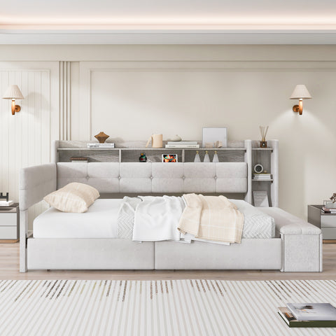 Twin Size Upholstered Daybed with Storage Footstool, LED Light & USB Charging, Linen Sofa Bed with Drawers