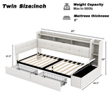 Twin Size Upholstered Daybed with Storage Footstool, LED Light & USB Charging, Linen Sofa Bed with Drawers