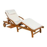 Adjustable Chaise Lounge Acacia Wood Outdoor Lounge Chair, Patio Recliner Daybed with Cushion, Wheels & Side Tray