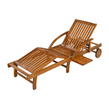 Adjustable Chaise Lounge Acacia Wood Outdoor Lounge Chair, Patio Recliner Daybed with Cushion, Wheels & Side Tray