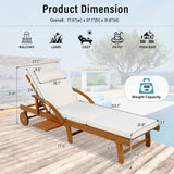 Adjustable Chaise Lounge Acacia Wood Outdoor Lounge Chair, Patio Recliner Daybed with Cushion, Wheels & Side Tray