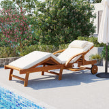 Adjustable Chaise Lounge Acacia Wood Outdoor Lounge Chair, Patio Recliner Daybed with Cushion, Wheels & Side Tray