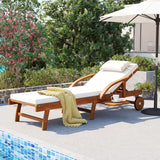Adjustable Chaise Lounge Acacia Wood Outdoor Lounge Chair, Patio Recliner Daybed with Cushion, Wheels & Side Tray