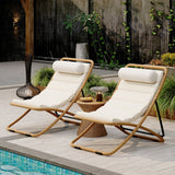 2pcs Outdoor Folding Chair Rattan-Wrapped Patio Lounge Chair, Sling Chair with Adjustable Backrest, Thick Cushion & Headrest