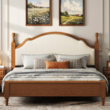 Queen Size Platform Bed with Upholstered Curved Headboard, Pine Wood Bed Frame, No Box Spring Needed