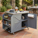 2-Door Outdoor Kitchen Island, Fir Wood Rolling Kitchen Cart with Stainless Top, Side Shelf, Hooks & Roll Holder for Patio, BBQ