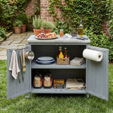 2-Door Outdoor Kitchen Island, Fir Wood Rolling Kitchen Cart with Stainless Top, Side Shelf, Hooks & Roll Holder for Patio, BBQ