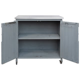 2-Door Outdoor Kitchen Island, Fir Wood Rolling Kitchen Cart with Stainless Top, Side Shelf, Hooks & Roll Holder for Patio, BBQ