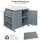 2-Door Outdoor Kitchen Island, Fir Wood Rolling Kitchen Cart with Stainless Top, Side Shelf, Hooks & Roll Holder for Patio, BBQ