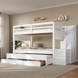 Twin XL Size Bunk Bed with Trundle, Storage Staircase, Wardrobe & Drawers, Solid Wood Bed Frame for Bedroom
