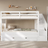 Twin XL Size Bunk Bed with Trundle, Storage Staircase, Wardrobe & Drawers, Solid Wood Bed Frame for Bedroom