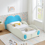 Twin Size Cloud Shape PU Leather Bed Frame, Safety Toddler Bed with Guardrails & Storage Pocket for Bedroom