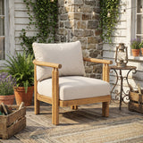 Patio Accent Chair Outdoor Club Chair Armchair with Soft Cushion & Weather-Resistant Acacia Wood Frame, Beige & Light Teak