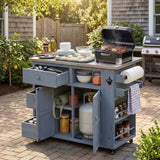 Outdoor Fir Wood Kitchen Island, Kitchen Cart with Extendable Stainless Steel Top, Drawers, Spice Rack for Backyard, BBQ, Party
