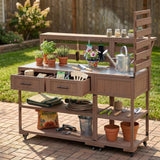 Patio Kitchen Island, Fir Wood Kitchen Cart with Stainless Table Top, Garden Potting Bench with Raised Shelf & Drawers