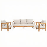 3pcs Patio Sofa Set Outdoor Conversation Chat Set Weather-resistant Garden Seating Group with Soft Cushions&Club Chairs, Beige&Teak