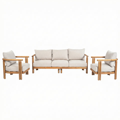 3pcs Patio Sofa Set Outdoor Conversation Chat Set Weather-resistant Garden Seating Group with Soft Cushions&Club Chairs, Beige&Teak