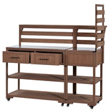 Patio Kitchen Island, Fir Wood Kitchen Cart with Stainless Table Top, Garden Potting Bench with Raised Shelf & Drawers