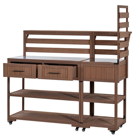 Patio Kitchen Island, Fir Wood Kitchen Cart with Stainless Table Top, Garden Potting Bench with Raised Shelf & Drawers