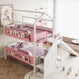 Twin over Twin/Full Bunk Bed House-Shaped Kid Bed Frame with Slide, Storage Staircase & Storage Shelves