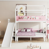 Twin over Twin/Full Bunk Bed House-Shaped Kid Bed Frame with Slide, Storage Staircase & Storage Shelves