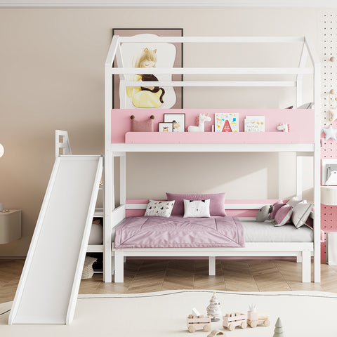 Twin over Twin/Full Bunk Bed House-Shaped Kid Bed Frame with Slide, Storage Staircase & Storage Shelves