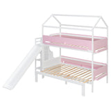 Twin over Twin/Full Bunk Bed House-Shaped Kid Bed Frame with Slide, Storage Staircase & Storage Shelves