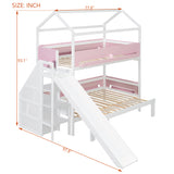 Twin over Twin/Full Bunk Bed House-Shaped Kid Bed Frame with Slide, Storage Staircase & Storage Shelves
