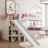Twin over Twin/Full Bunk Bed House-Shaped Kid Bed Frame with Slide, Storage Staircase & Storage Shelves