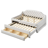 Padded Full Size Daybed Bed Upholstered Sofa Bed with Storage Drawers, Trundle Bed & LED Belt