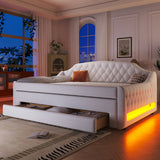 Padded Full Size Daybed Bed Upholstered Sofa Bed with Storage Drawers, Trundle Bed & LED Belt