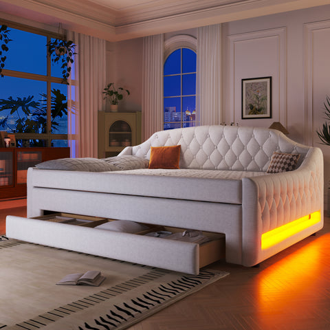 Padded Full Size Daybed Bed Upholstered Sofa Bed with Storage Drawers, Trundle Bed & LED Belt