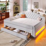 Padded Full Size Daybed Bed Upholstered Sofa Bed with Storage Drawers, Trundle Bed & LED Belt