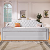 Padded Full Size Daybed Bed Upholstered Sofa Bed with Storage Drawers, Trundle Bed & LED Belt