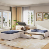 Twin Size L-Shaped Platform Bed Frame Corner Bed with Desk, Trundle & 2 Drawers