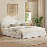 Queen Size Upholstered Platform Bed Frame with Curved Headboard & Wood Feet, White