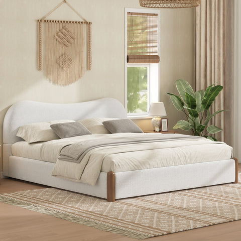 Queen Size Upholstered Platform Bed Frame with Curved Headboard & Wood Feet, White