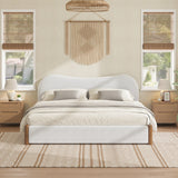 Queen Size Upholstered Platform Bed Frame with Curved Headboard & Wood Feet, White