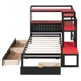 win Size Gaming Daybed with Headboard Bookcase & LED, Wood Bed Frame with Drawers, Built-in Desk, Charging Station