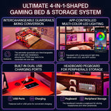 win Size Gaming Daybed with Headboard Bookcase & LED, Wood Bed Frame with Drawers, Built-in Desk, Charging Station