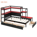 win Size Gaming Daybed with Headboard Bookcase & LED, Wood Bed Frame with Drawers, Built-in Desk, Charging Station
