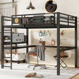 Full Size Metal Loft Bed with Desk, Charging Port, Storage Basket & Clock, Black