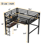 Full Size Metal Loft Bed with Desk, Charging Port, Storage Basket & Clock, Black