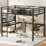 Full Size Metal Loft Bed with Desk, Charging Port, Storage Basket & Clock, Black