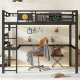 Full Size Metal Loft Bed with Desk, Charging Port, Storage Basket & Clock, Black