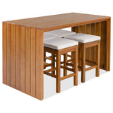 5-Piece Outdoor Acacia Wood Patio Bar Set, Bar Height Table with 4 Stools & Beige Cushions for Backyard/Poolside, Natural