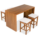 5-Piece Outdoor Acacia Wood Patio Bar Set, Bar Height Table with 4 Stools & Beige Cushions for Backyard/Poolside, Natural