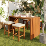 5-Piece Outdoor Acacia Wood Patio Bar Set, Bar Height Table with 4 Stools & Beige Cushions for Backyard/Poolside, Natural