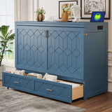 Queen Size Murphy Bed, Foldable Cabinet Bed with Drawer & Charging Station for Bedroom, Living Room